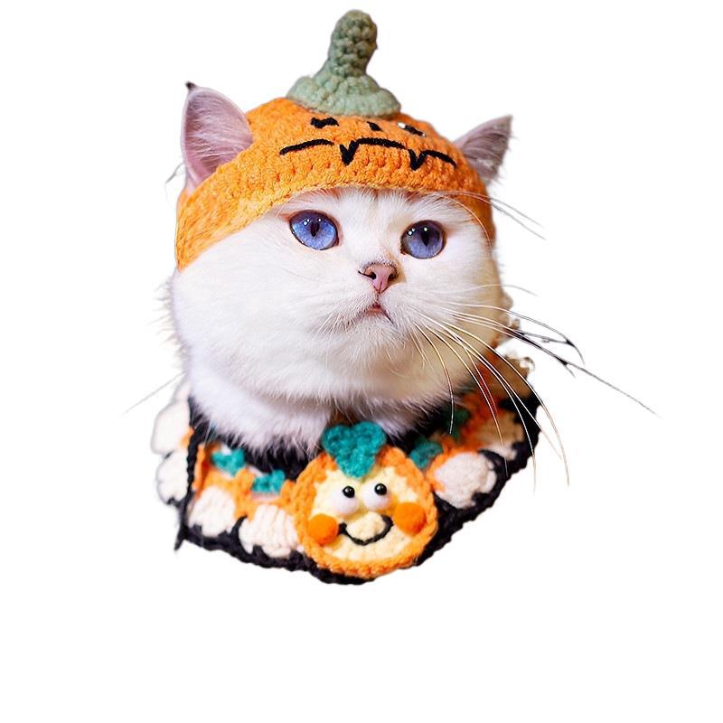 Halloween Knitted Pet Bib Bandana, Pumpkin Crochet Collar for Cats and Dogs