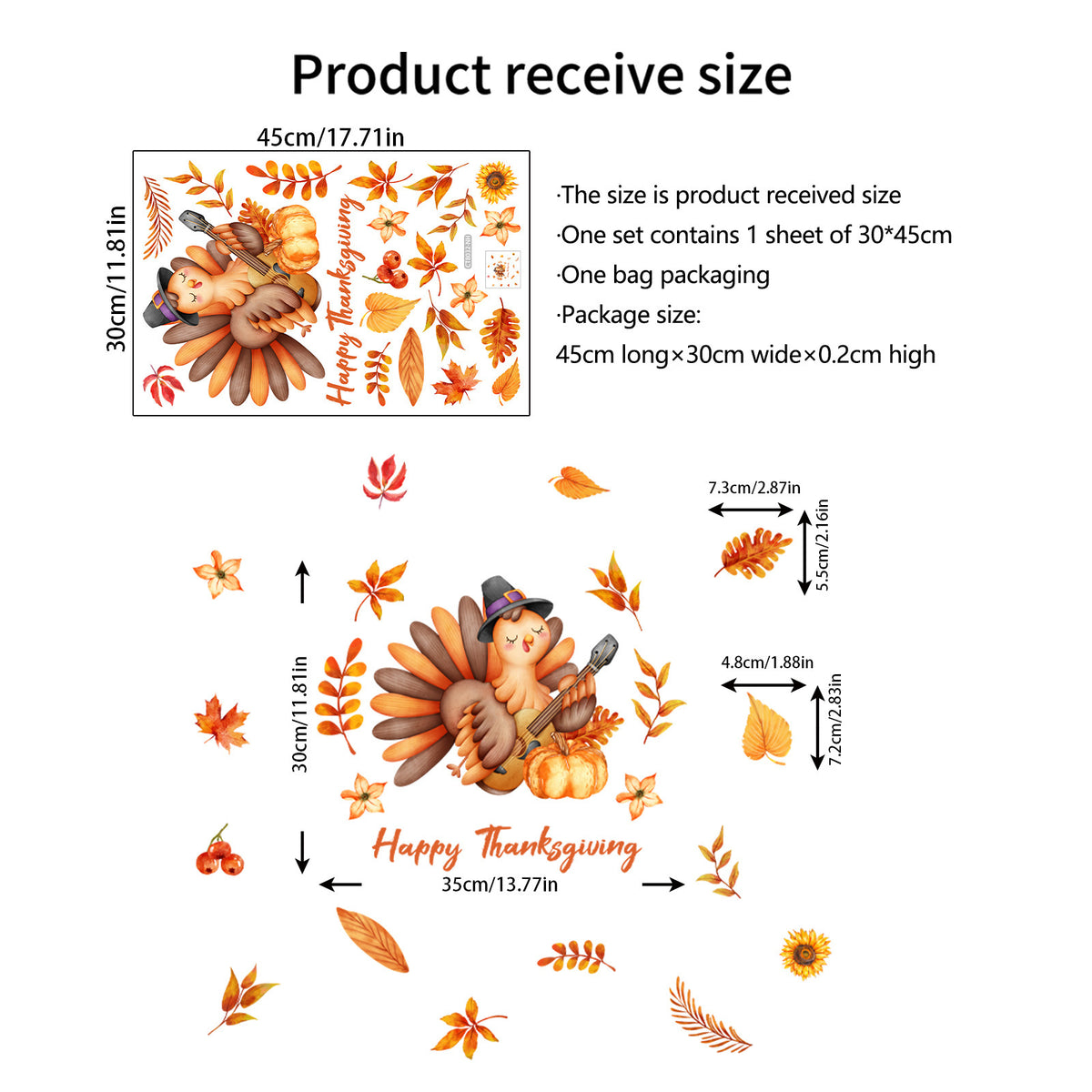 Fall Thanksgiving Cartoon Maple Leaf Turkey Window Clings, Home Wall Decals