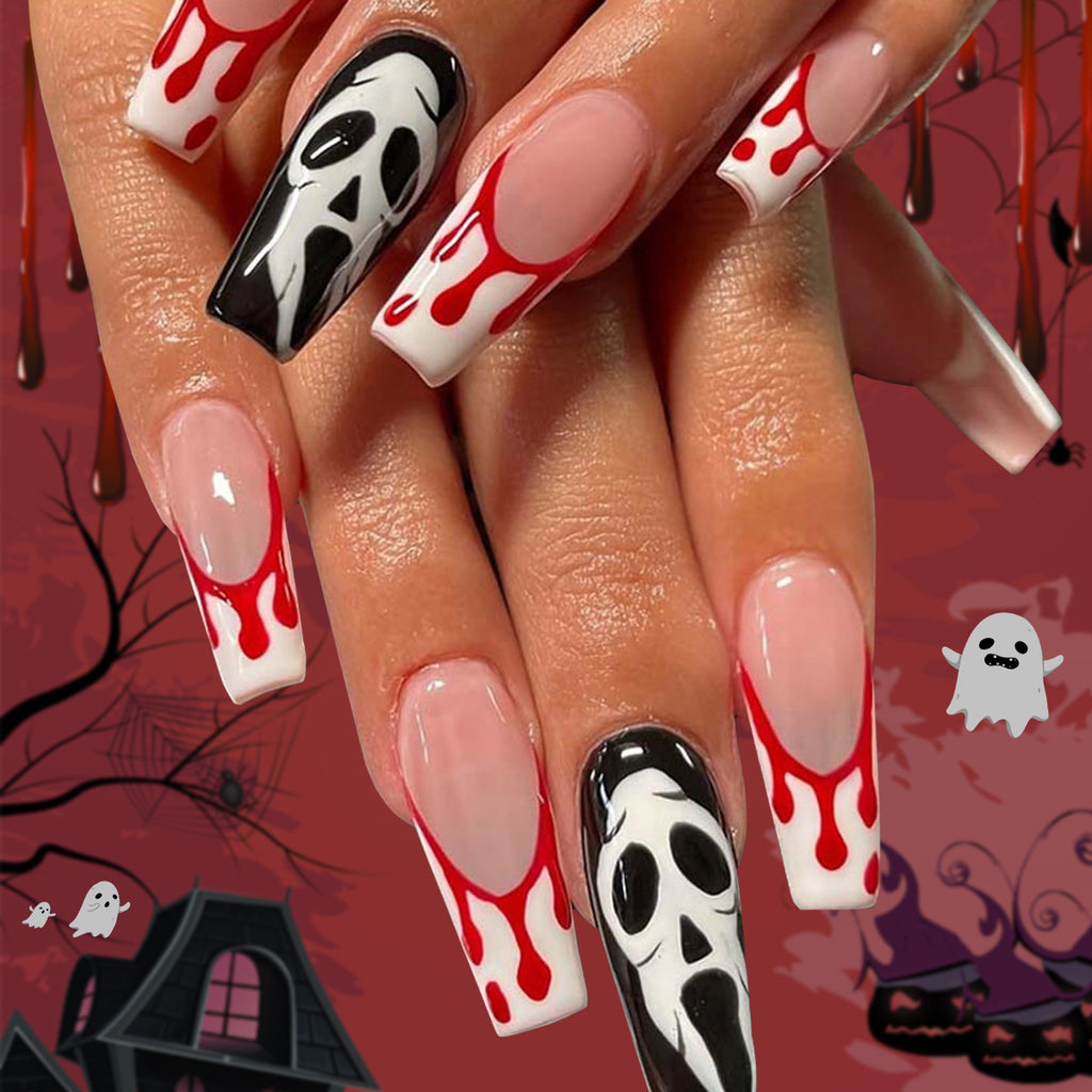 Halloween Long Coffin Press On Nails, White French Blood Drip False Nails Removable