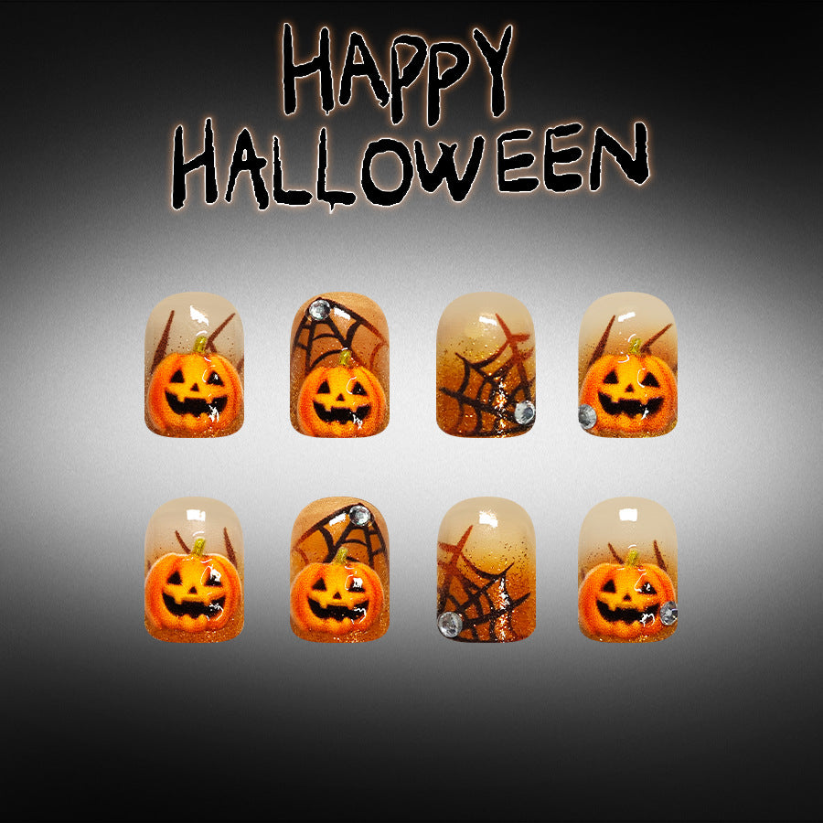 Halloween Press On Nails Short Square Orange Glitter Pumpkin Spider Web Glossy 24 Pcs Set