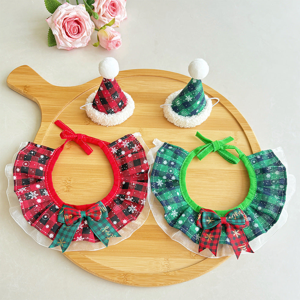 Christmas Pet Hat and Scarf Set for Cats and Small Dogs, Holiday Collar Accessories
