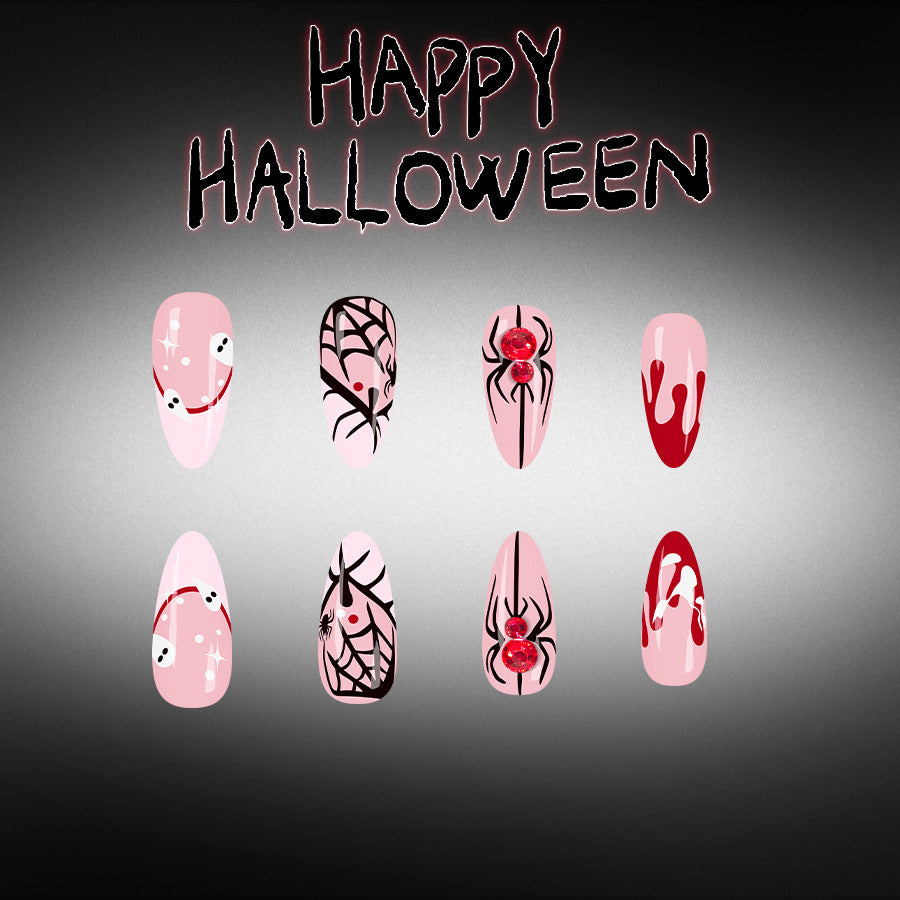 Medium Shiny Almond Halloween Press On Nails 24 Pcs, Pumpkin French Spider Web Rhinestone Ghost Blood Drip Design