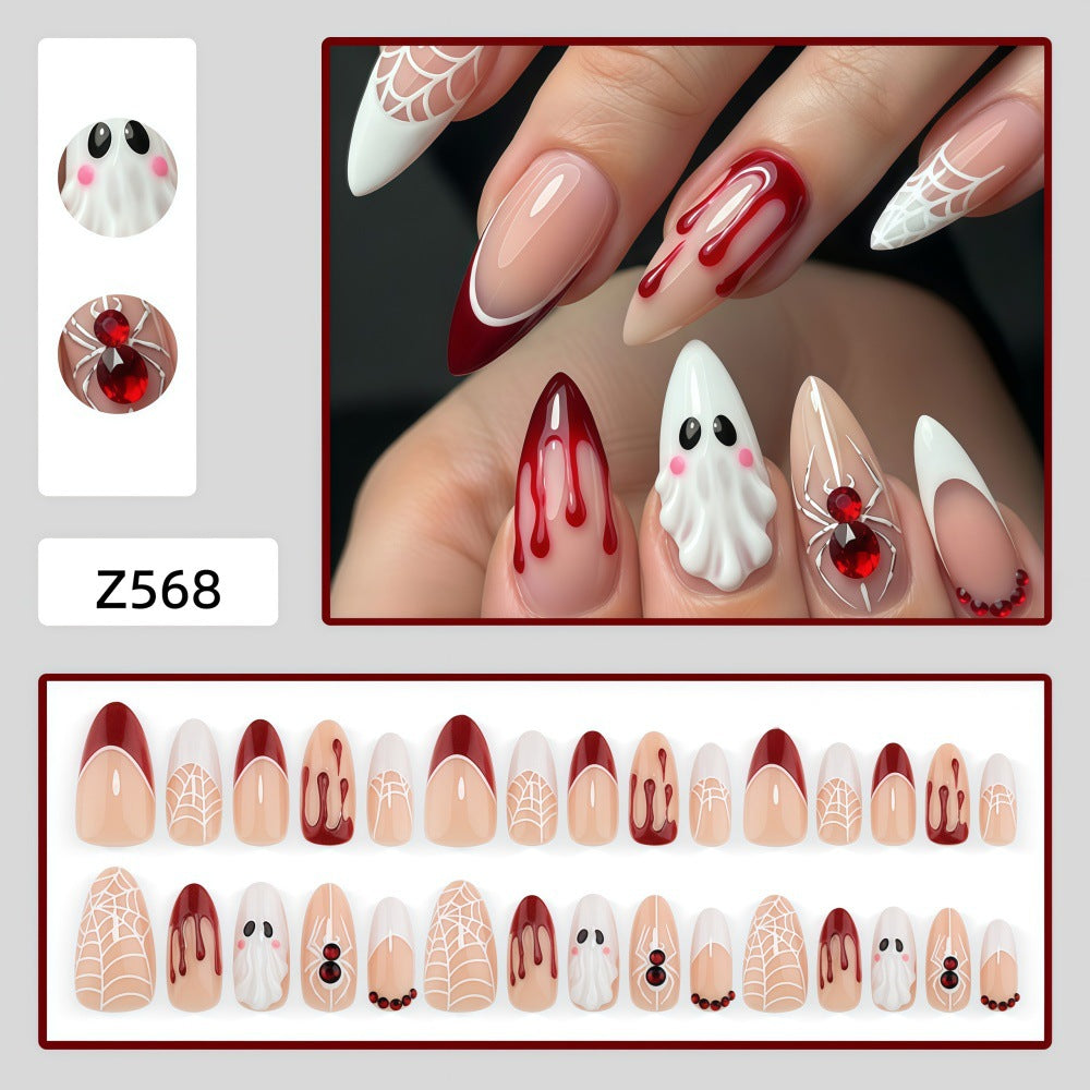 Halloween Blood Drip Ghost Press On Nails, Sweet Cool Spider Web French False Nails Eco Friendly