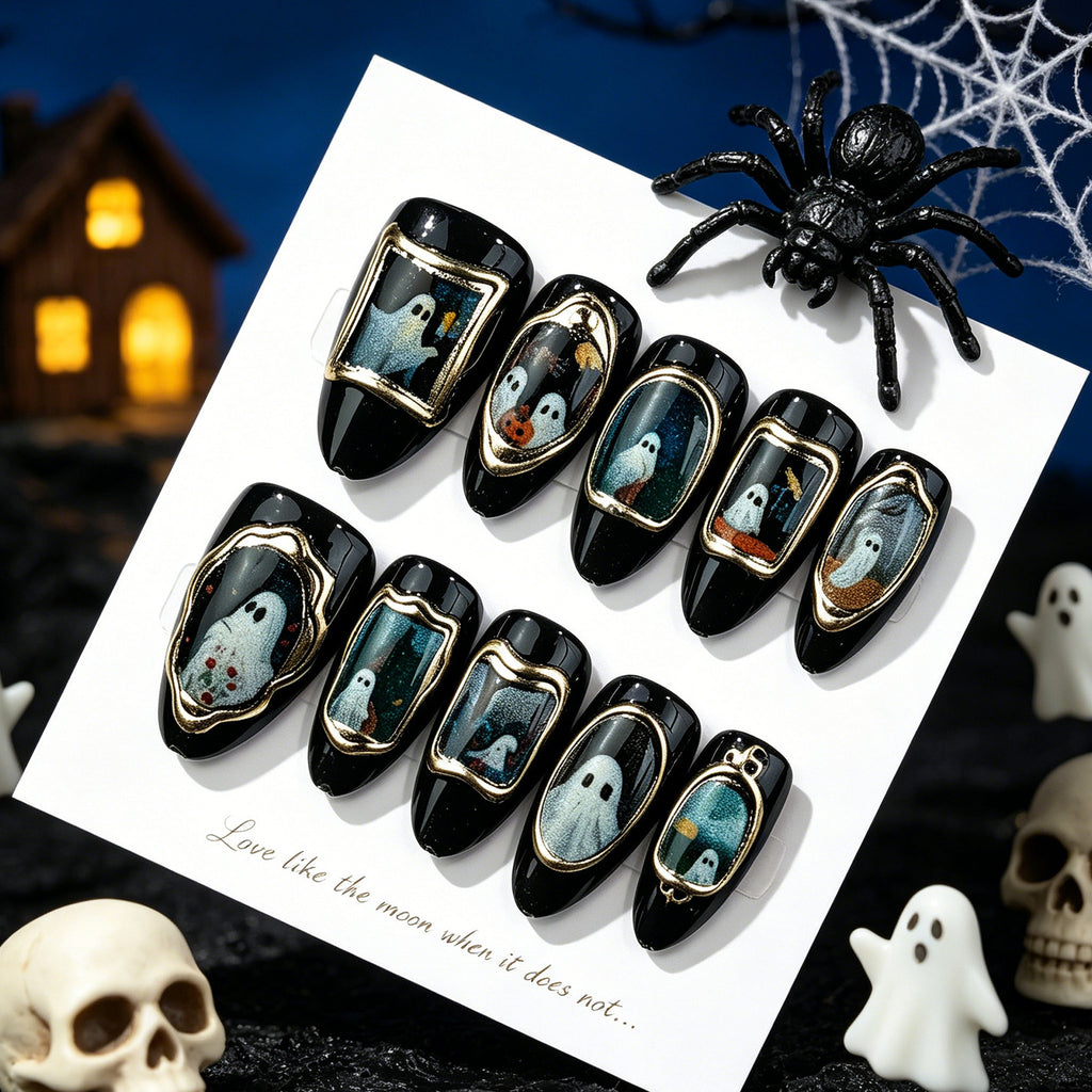 Vintage Gold Halloween Press On Nails, Sweet Gothic Ghost Style Black False Nails for Women
