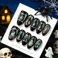 Vintage Gold Halloween Press On Nails, Sweet Gothic Ghost Style Black False Nails for Women