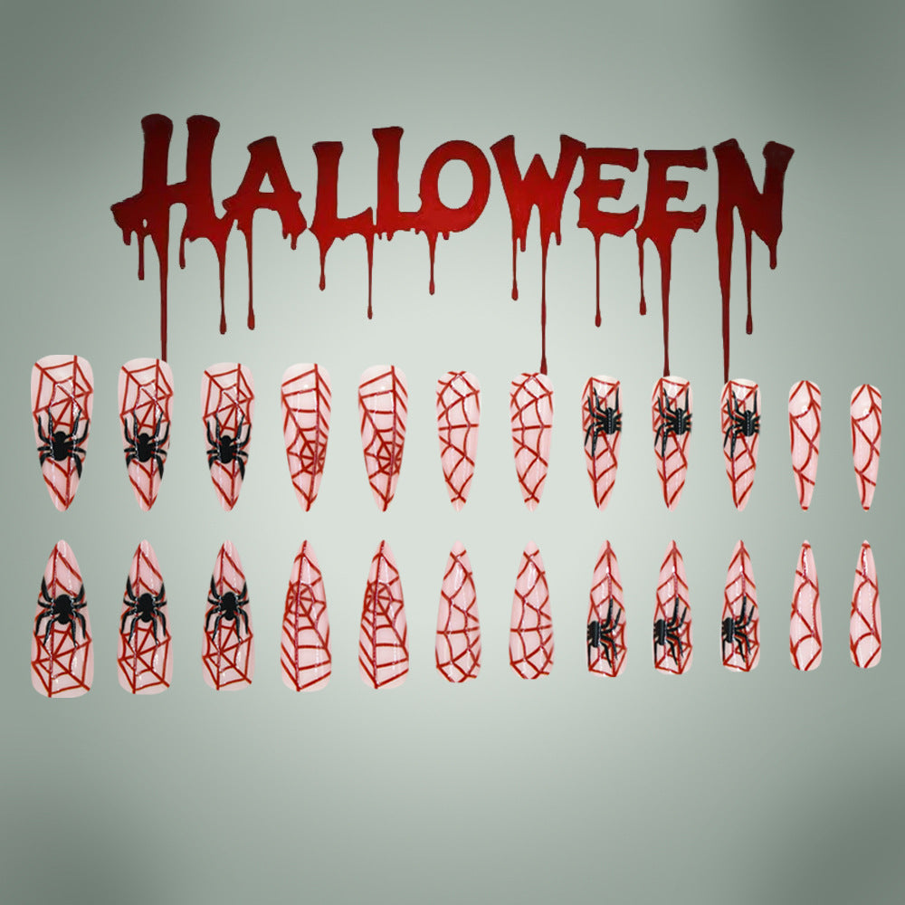 Halloween Long Stiletto Press On Nails, Blood Red Spider Web And Spider False Nails For Spooky Style