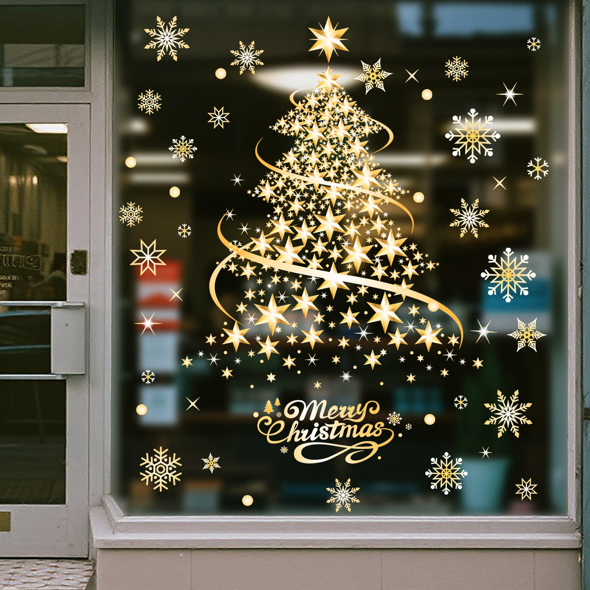 Gold Silver Christmas Tree Snowflake Window Stickers, Static Cling Glass Decals for Storefront