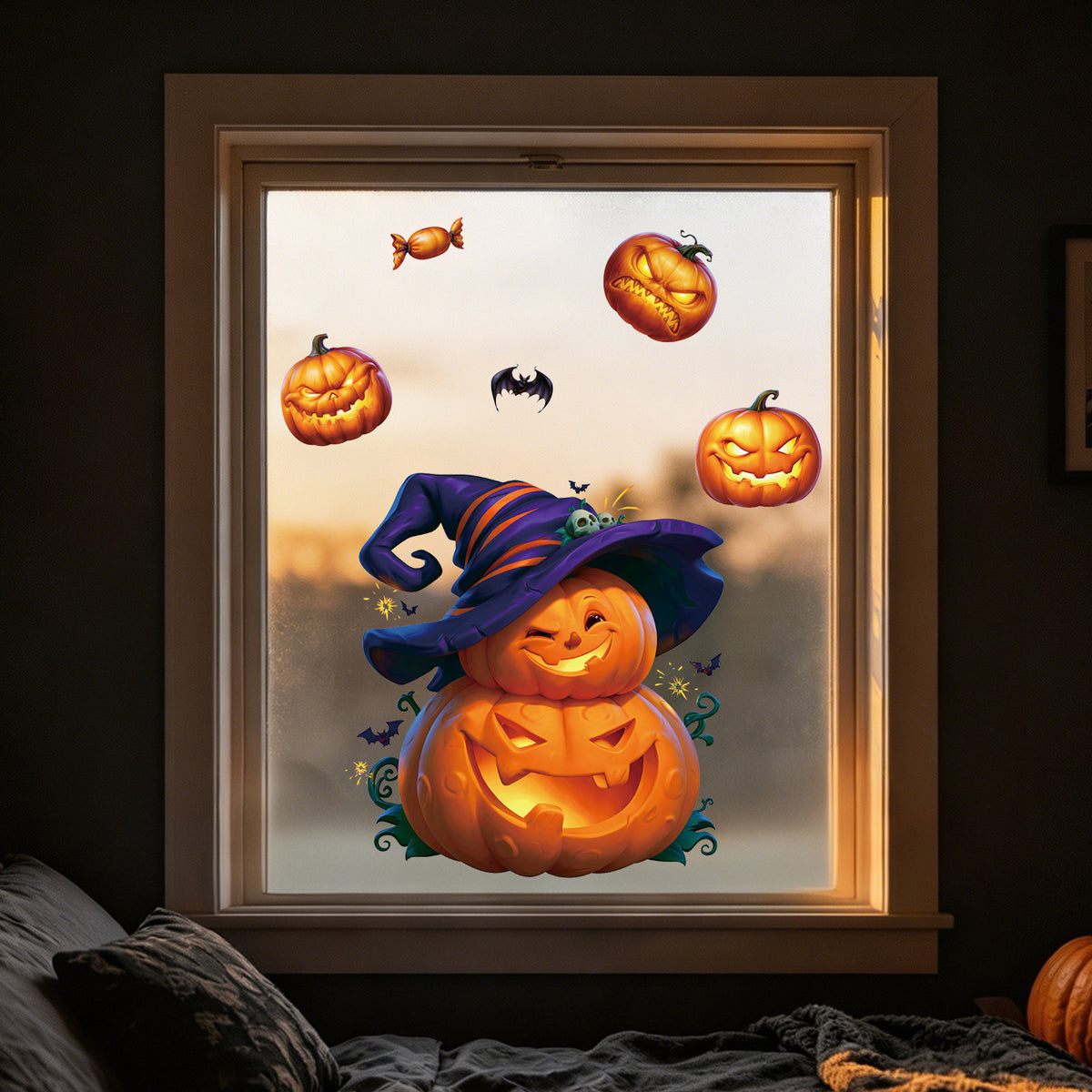 Halloween Pumpkin Lantern Window Clings, Black Cat Ghost Static Glass Decorations