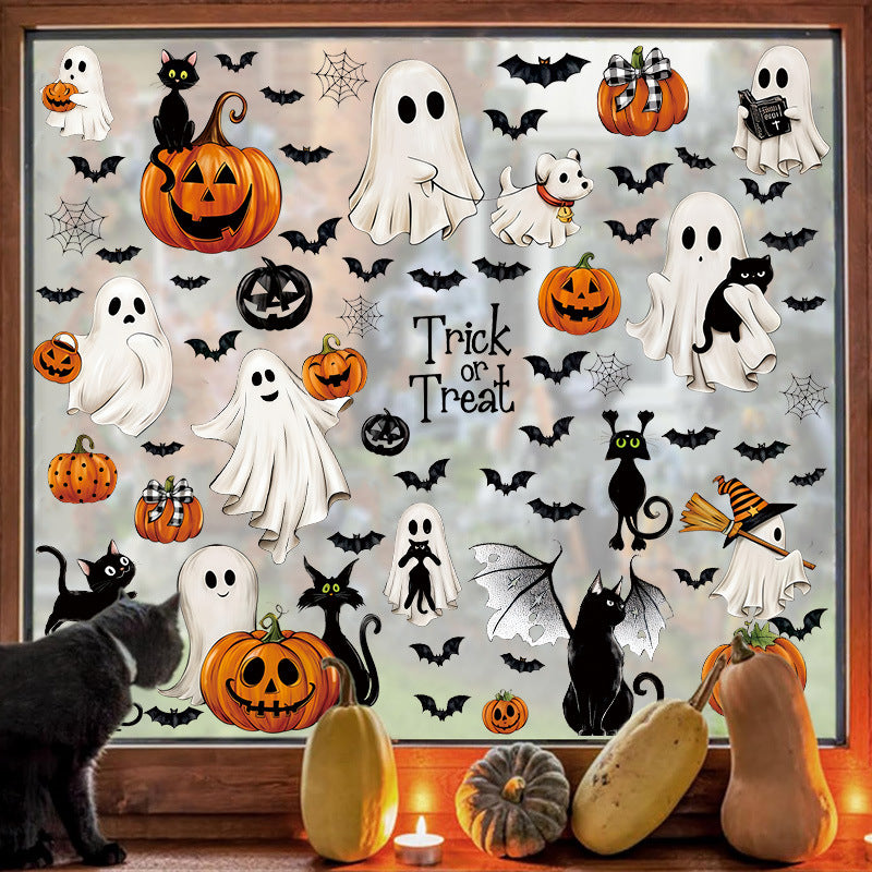 Halloween White Ghost Bat Pumpkin Static Cling Window Decals, Removable Window Sticker Decorations