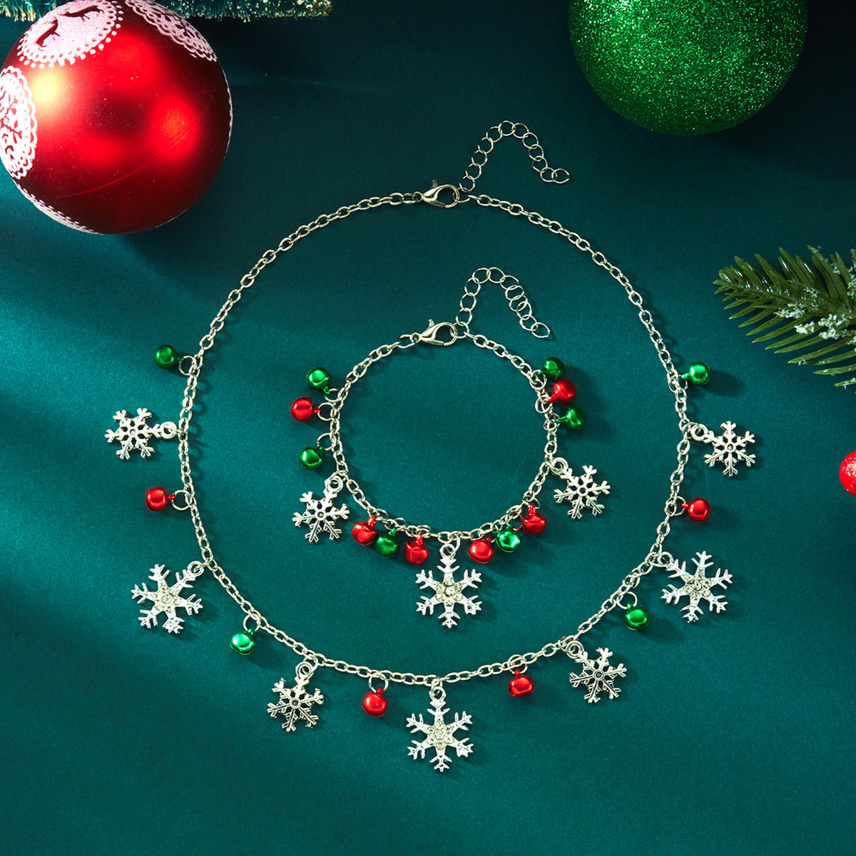 Christmas Colorful Bell Necklace and Bracelet Set, Cute Snowflake Pendant Jewelry for Women
