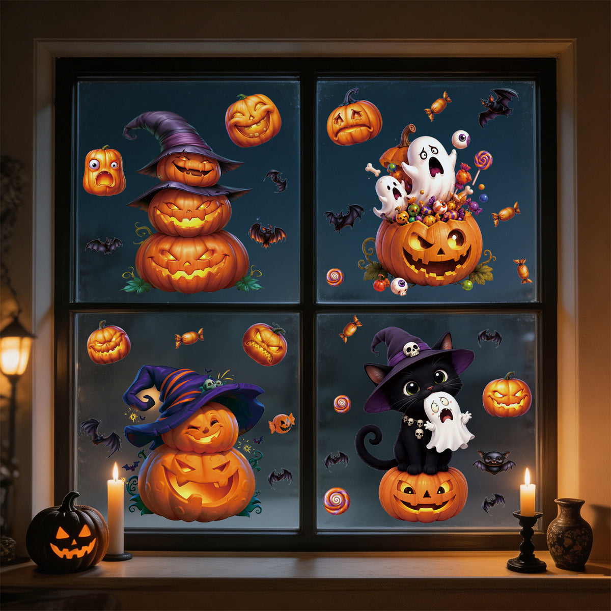 Halloween Pumpkin Lantern Window Clings, Black Cat Ghost Static Glass Decorations