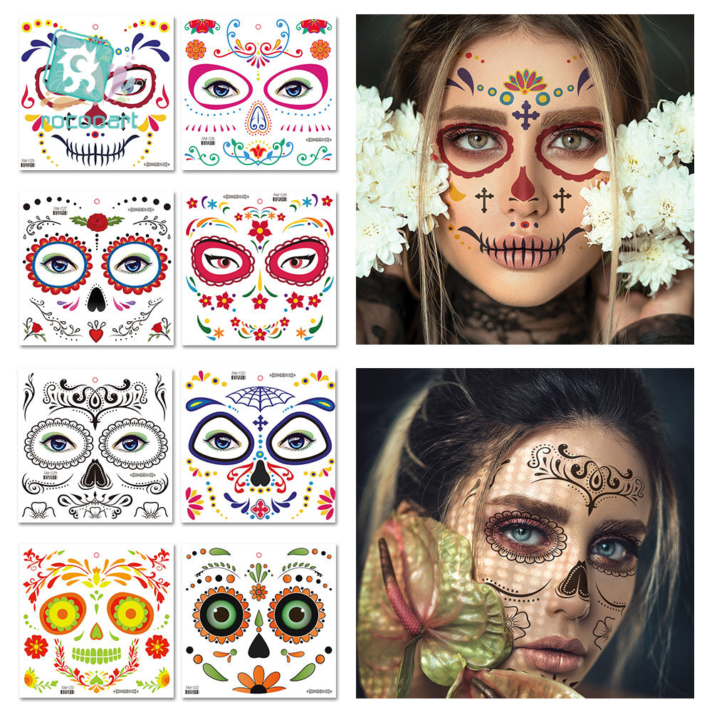 Halloween Day Of The Dead Flower Face Tattoo Stickers, Sugar Skull Party Makeup Face Decals