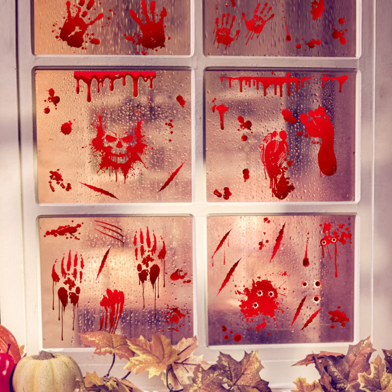 Halloween Blood Handprint Footprint Static Cling Wall Stickers, Horror Glass Window Decals