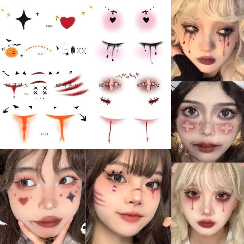 Halloween Face Tattoos Set, Nun Devil Scar Clown Cute Pumpkin Temporary Stickers