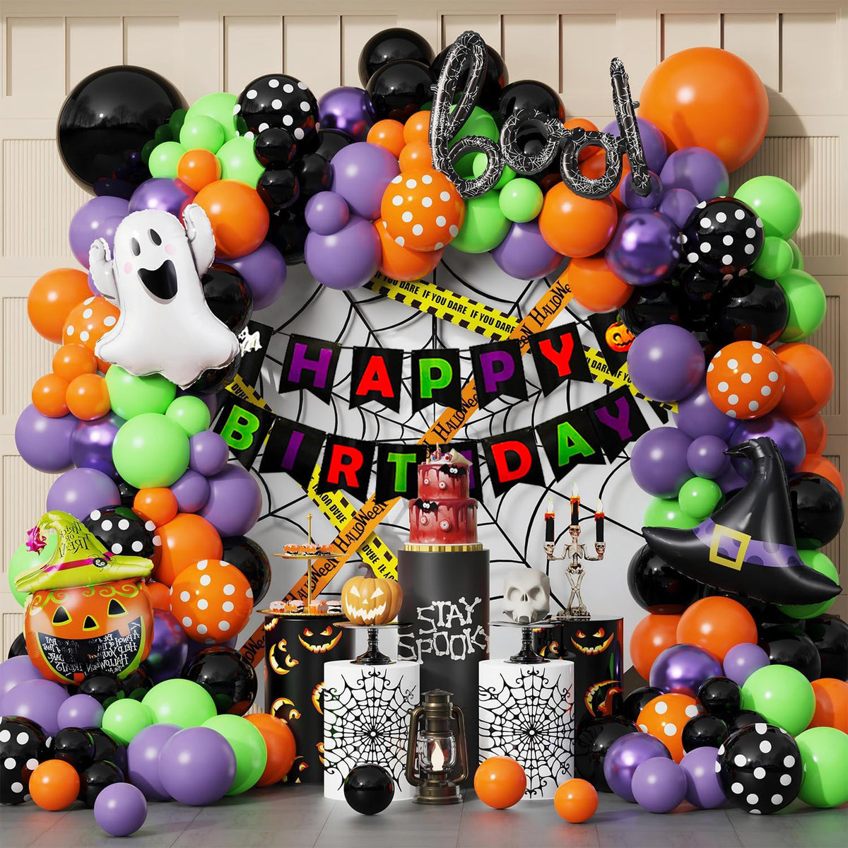 Halloween Balloon Garland Kit, Ghost Witch Hat Pumpkin Head Foil Balloons