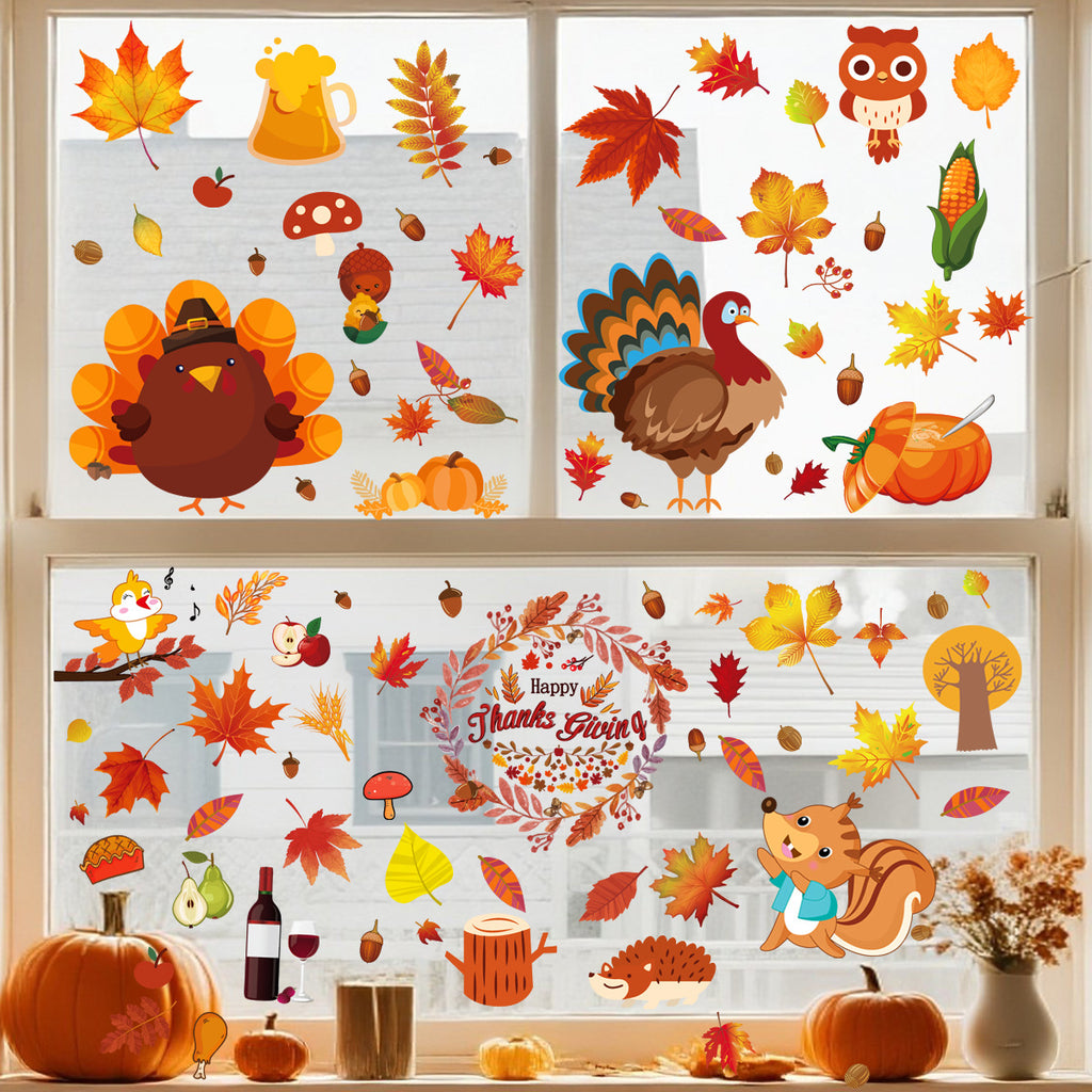 Thanksgiving Fall Maple Leaf Window Clings Turkey Static Glass Stickers Seasonal Decor