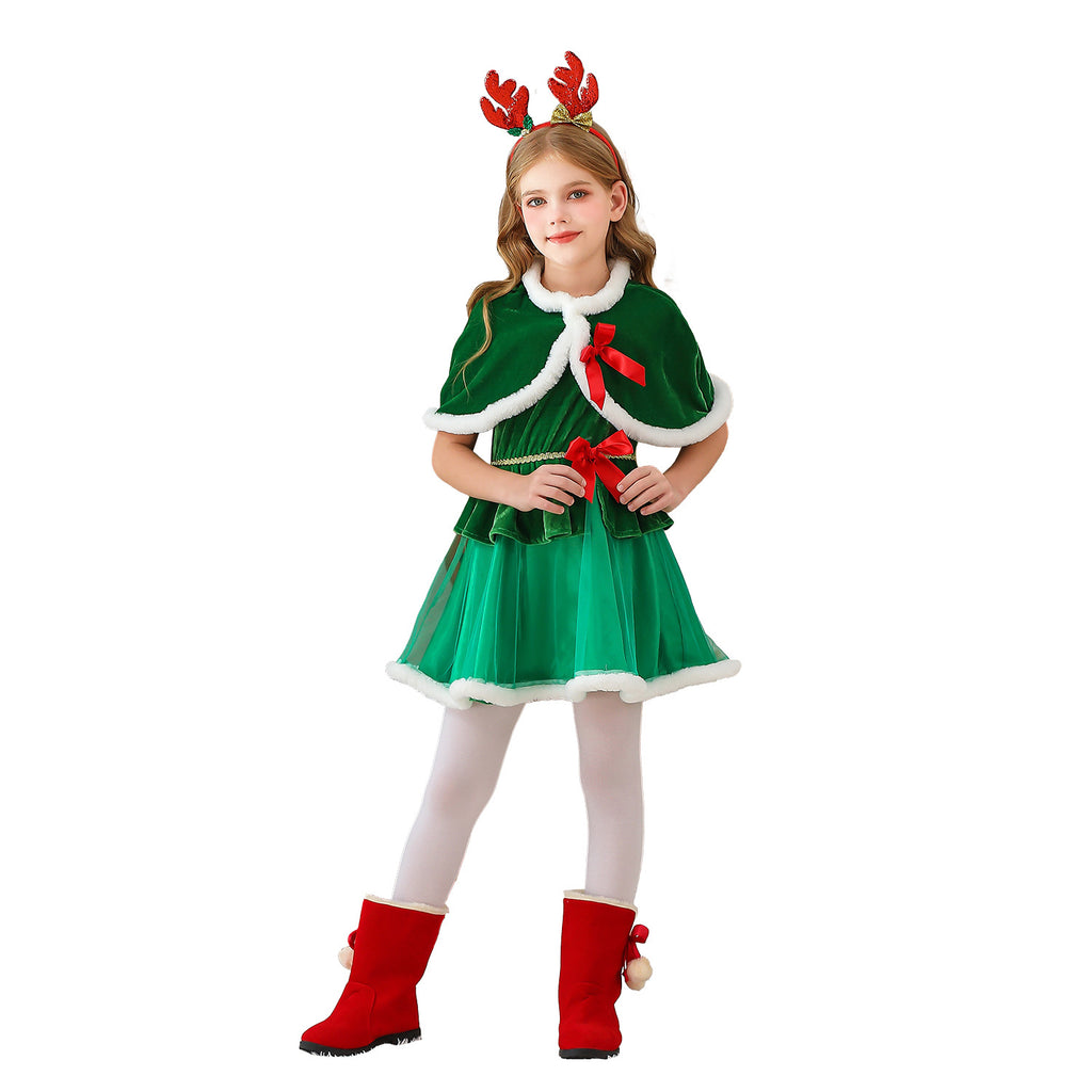 Kids Santa Claus Cape Dress, Christmas Tree Girls Party Costume Dress with Cape
