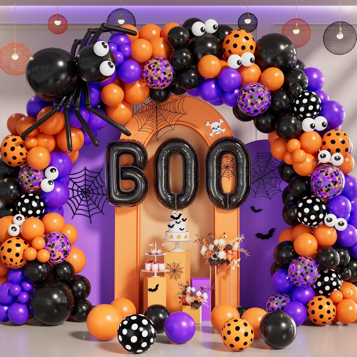 Halloween Balloon Garland Arch Kit, BOO Black And Orange Confetti Balloons With Spider Decorations Party Balloon Chain