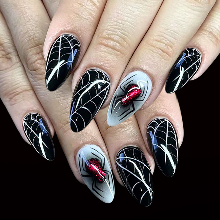 Medium Shiny Almond Halloween Press On Nails 24 Pcs, Sweet Cool Dark Spider Web Glitter Design