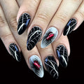 Medium Shiny Almond Halloween Press On Nails 24 Pcs, Sweet Cool Dark Spider Web Glitter Design
