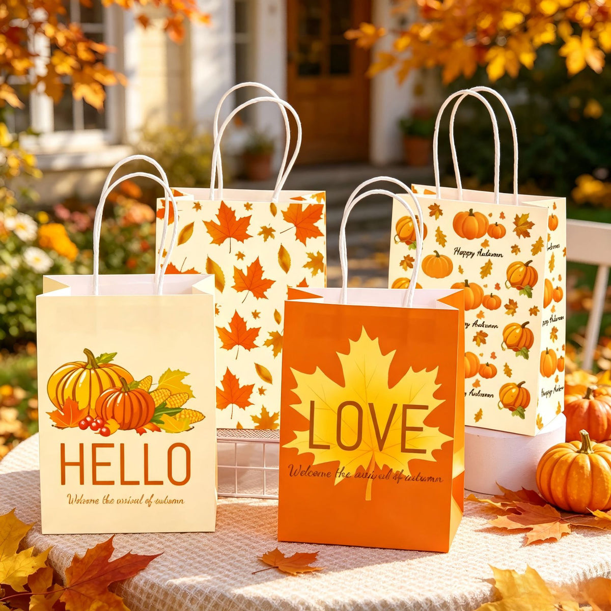 Thanksgiving Kraft Paper Gift Bags Maple Leaf Pumpkin Print Party Favor Tote Bags