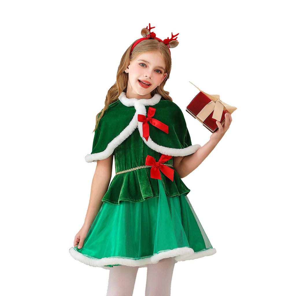 Kids Santa Claus Cape Dress, Christmas Tree Girls Party Costume Dress with Cape