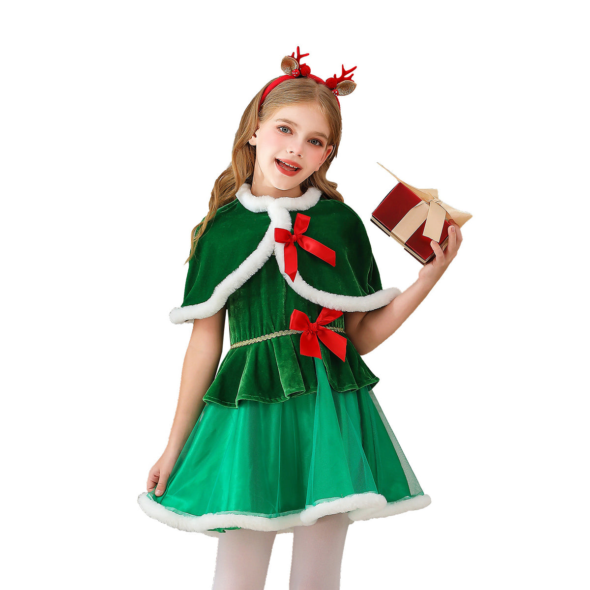 Kids Santa Claus Cape Dress, Christmas Tree Girls Party Costume Dress with Cape