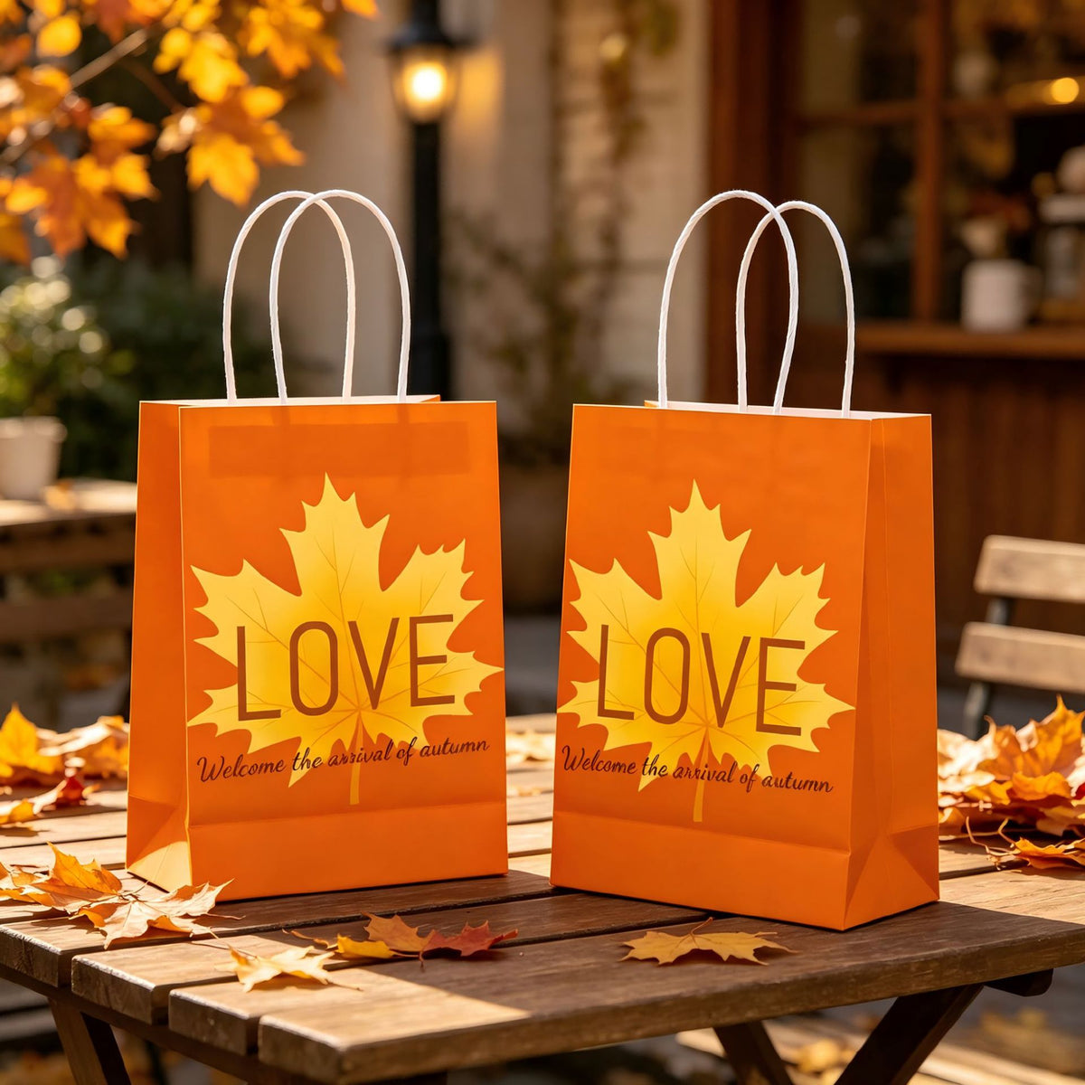 Thanksgiving Kraft Paper Gift Bags Maple Leaf Pumpkin Print Party Favor Tote Bags