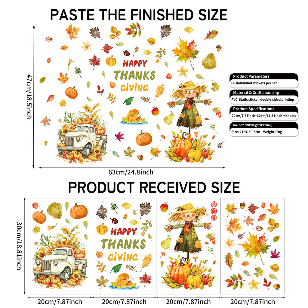 Thanksgiving Harvest Window Stickers, Maple Leaf Turkey Pumpkin Scarecrow Removable Static Cling