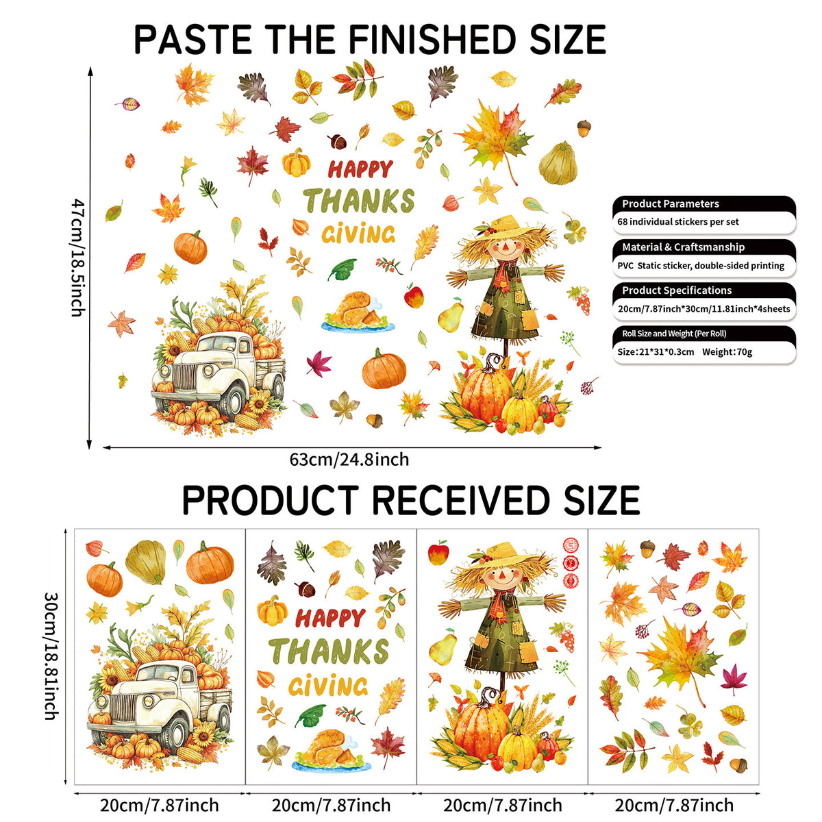 Thanksgiving Harvest Window Stickers, Maple Leaf Turkey Pumpkin Scarecrow Removable Static Cling