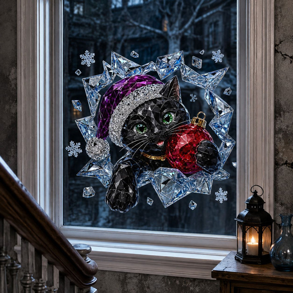 Diamond Facet Black Cat Christmas Window Sticker, Santa Hat Red Ball Adhesive Free Glass Decor