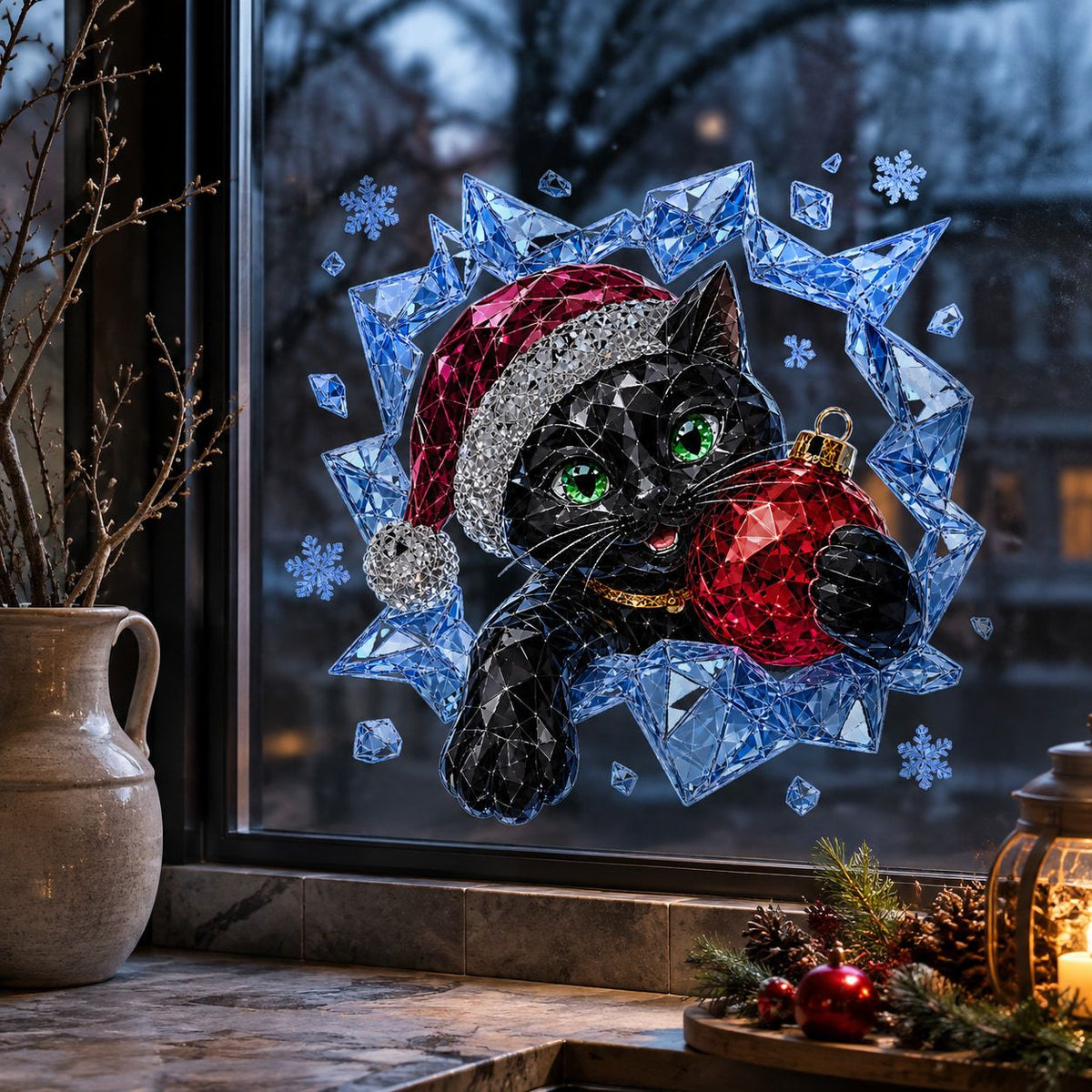 Diamond Facet Black Cat Christmas Window Sticker, Santa Hat Red Ball Adhesive Free Glass Decor