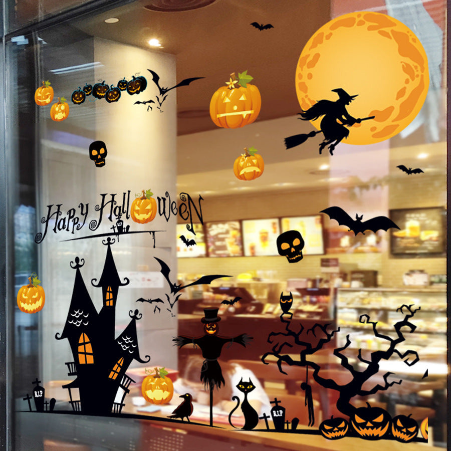 Halloween Pumpkin Head Witch Static Cling Wall Stickers, Removable Glass Decals For Storefront Windows