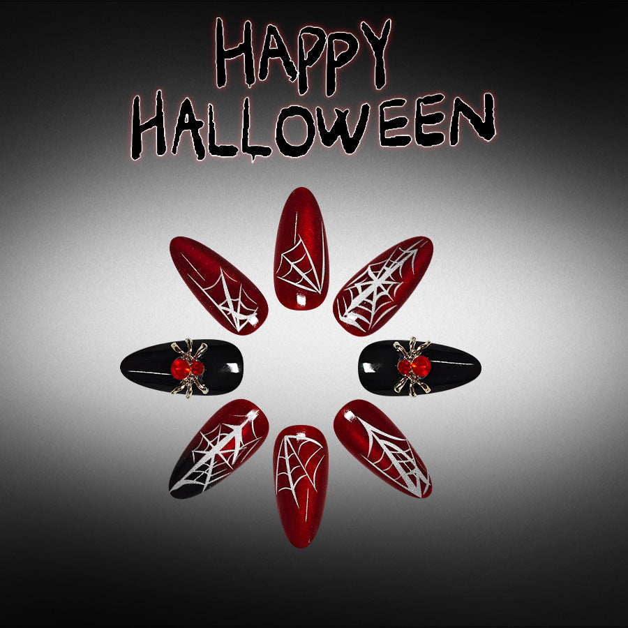 Medium Shiny Almond Halloween Press On Nails 24 Pcs, Dark Wine Red Cat Eye Spider Web Rhinestone Design