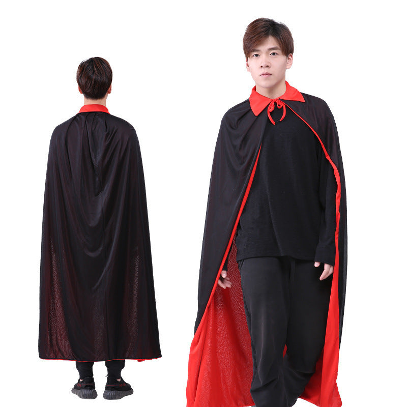 Halloween Death Wizard Cape for Adults and Kids, Black Red Double Layer Vampire Cloak