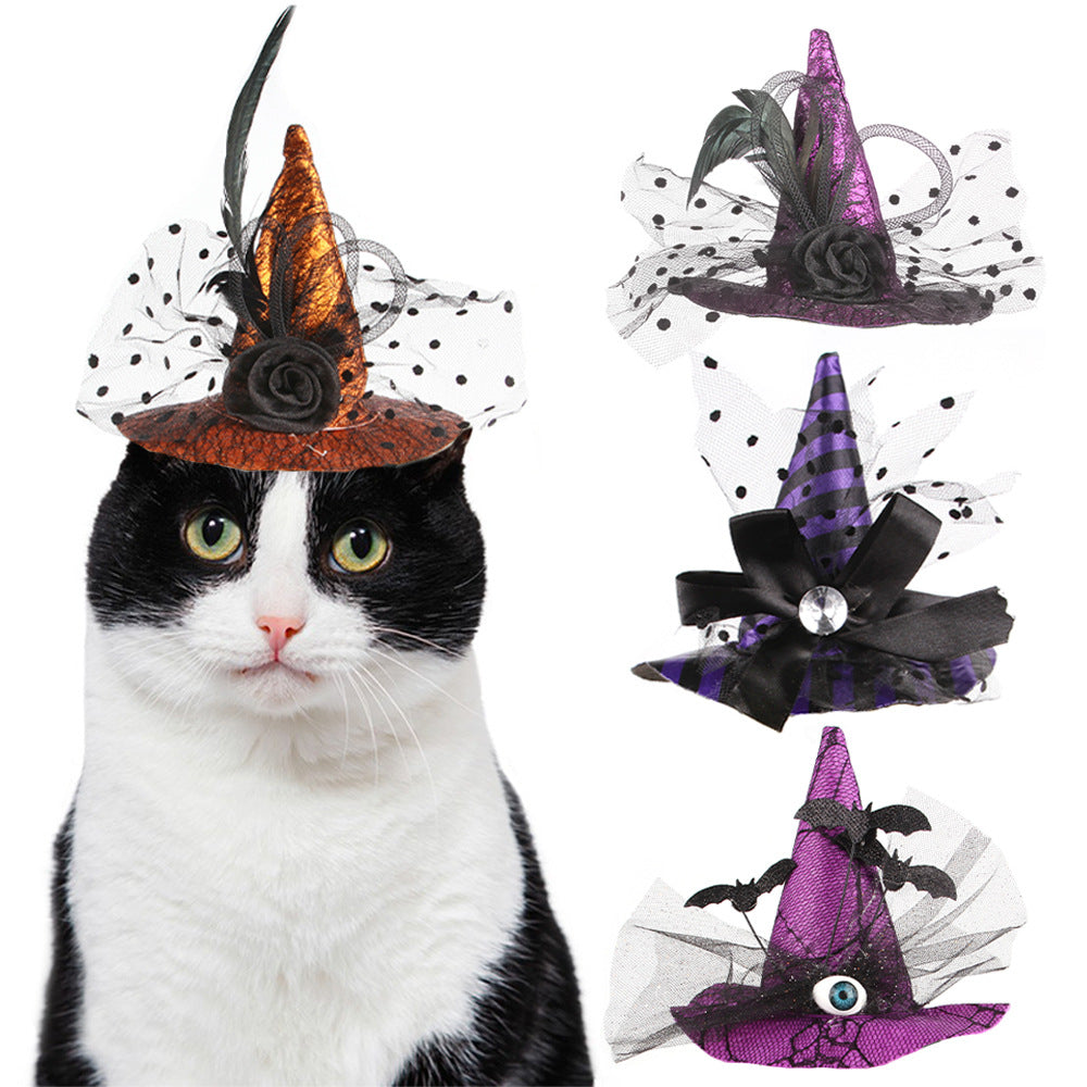 Halloween Pet Witch Hat for Cats, Lace Pointed Hat Costume Photo Prop