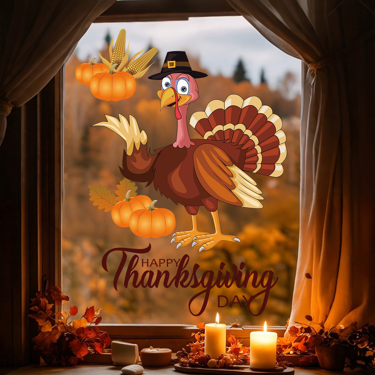 Thanksgiving Turkey Window Cling Harvest Scene Fall Family Party Glass Static Sticker