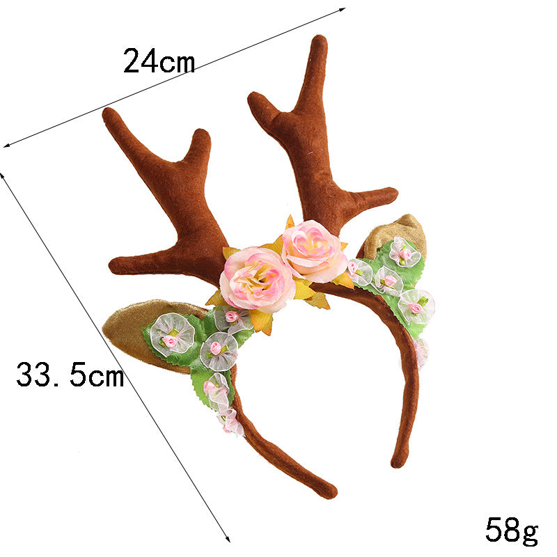 Faux Flower Reindeer Antler Headband, Cartoon Christmas Hair Accessory for Kids