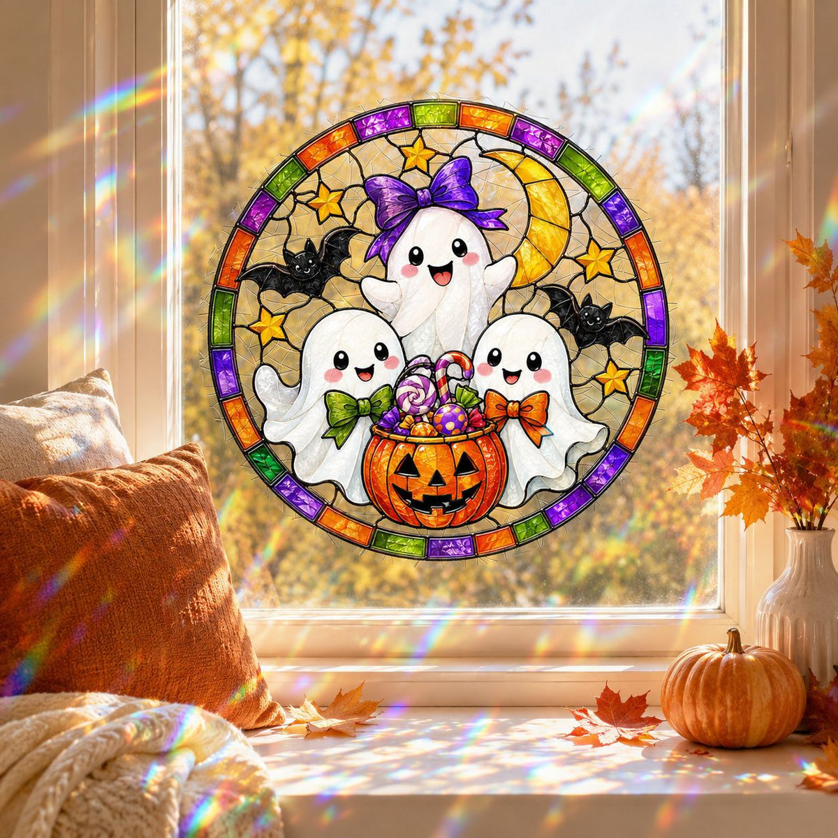 Halloween Pumpkin Ghost Window Clings, Iridescent Holographic Glass Stickers