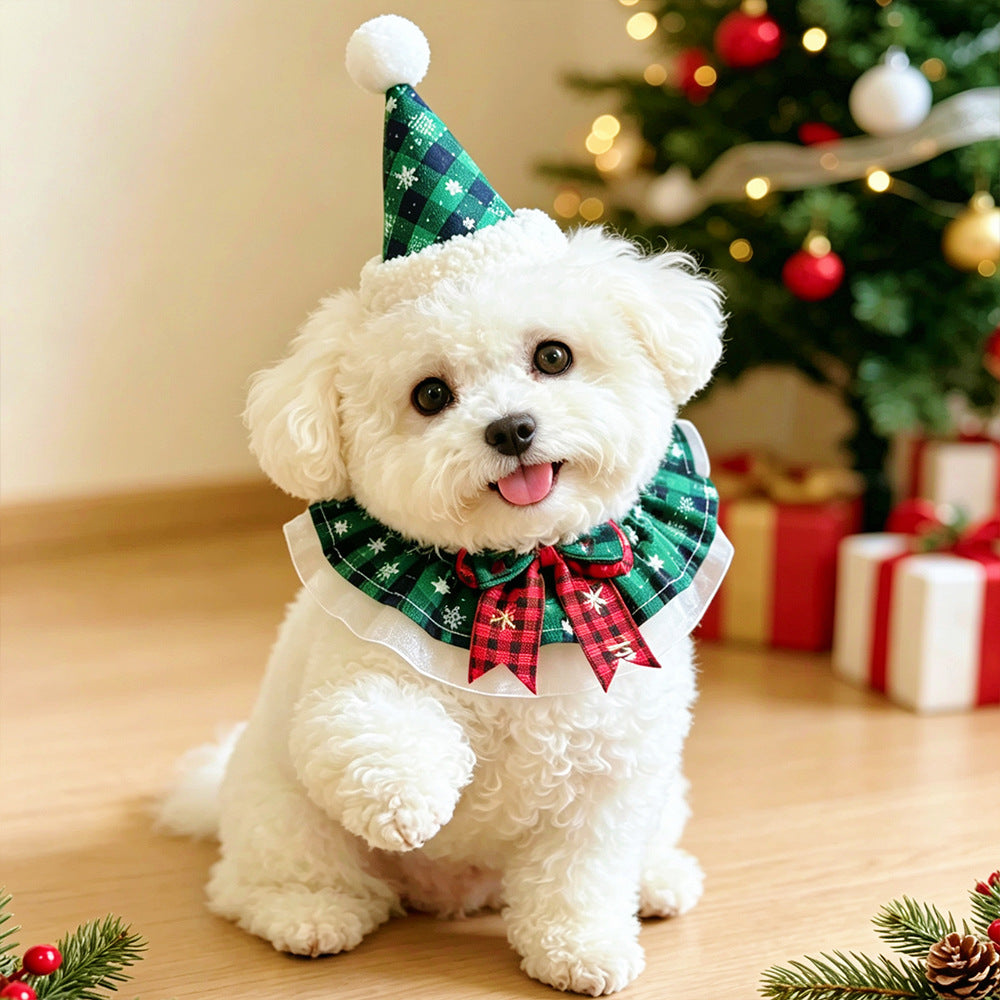 Christmas Pet Hat and Scarf Set for Cats and Small Dogs, Holiday Collar Accessories