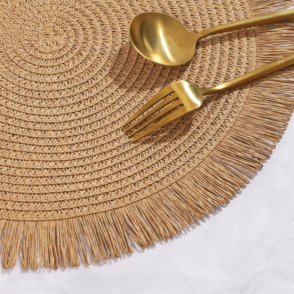 Round Fringed Braided Paper Placemats Boho Style Heat Resistant Table Mats for Dining