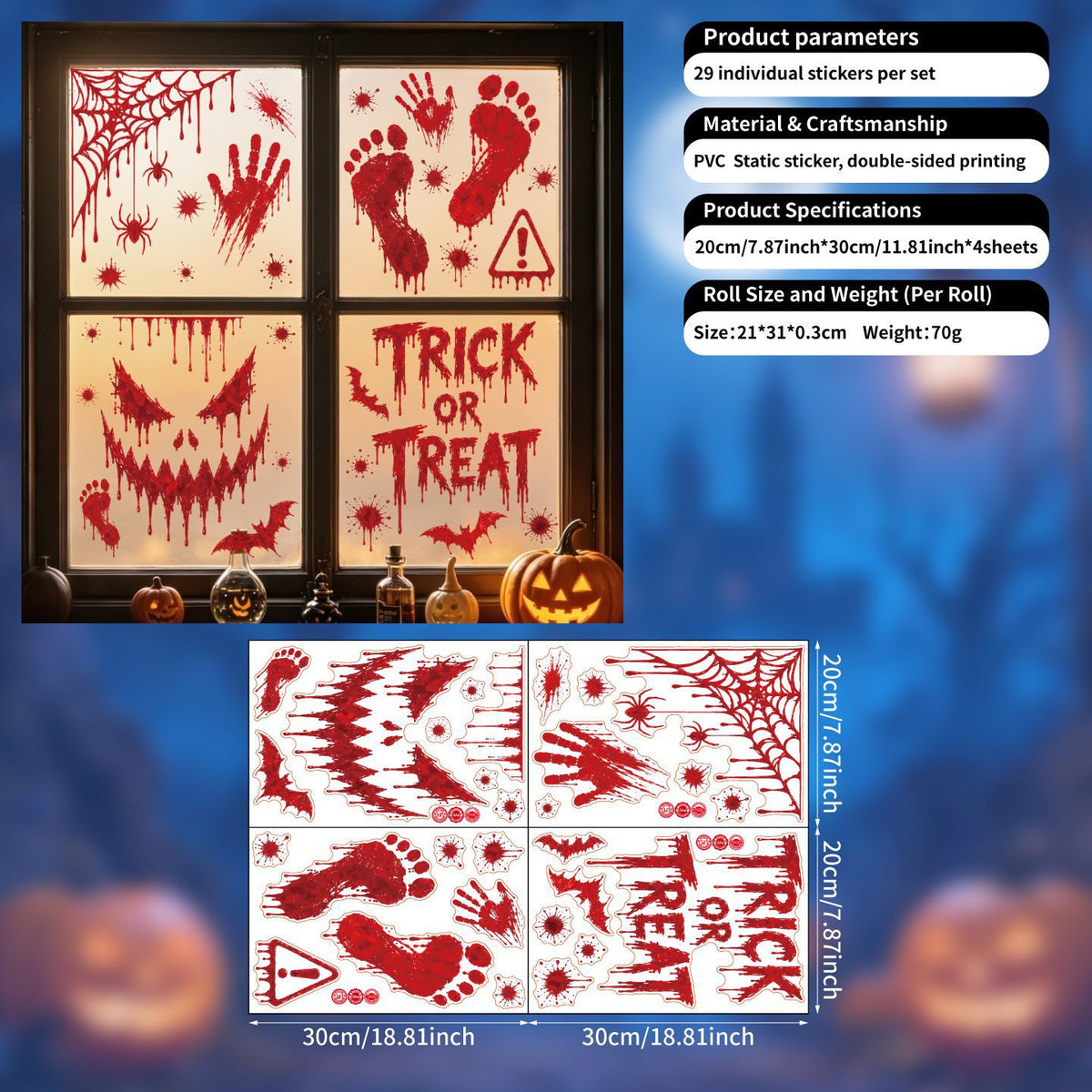 Halloween Blood Handprint Footprint Static Window Stickers, Skull Eyeball Glass Decals For Haunted House Party