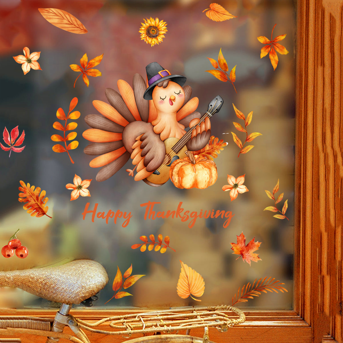 Fall Thanksgiving Cartoon Maple Leaf Turkey Window Clings, Home Wall Decals