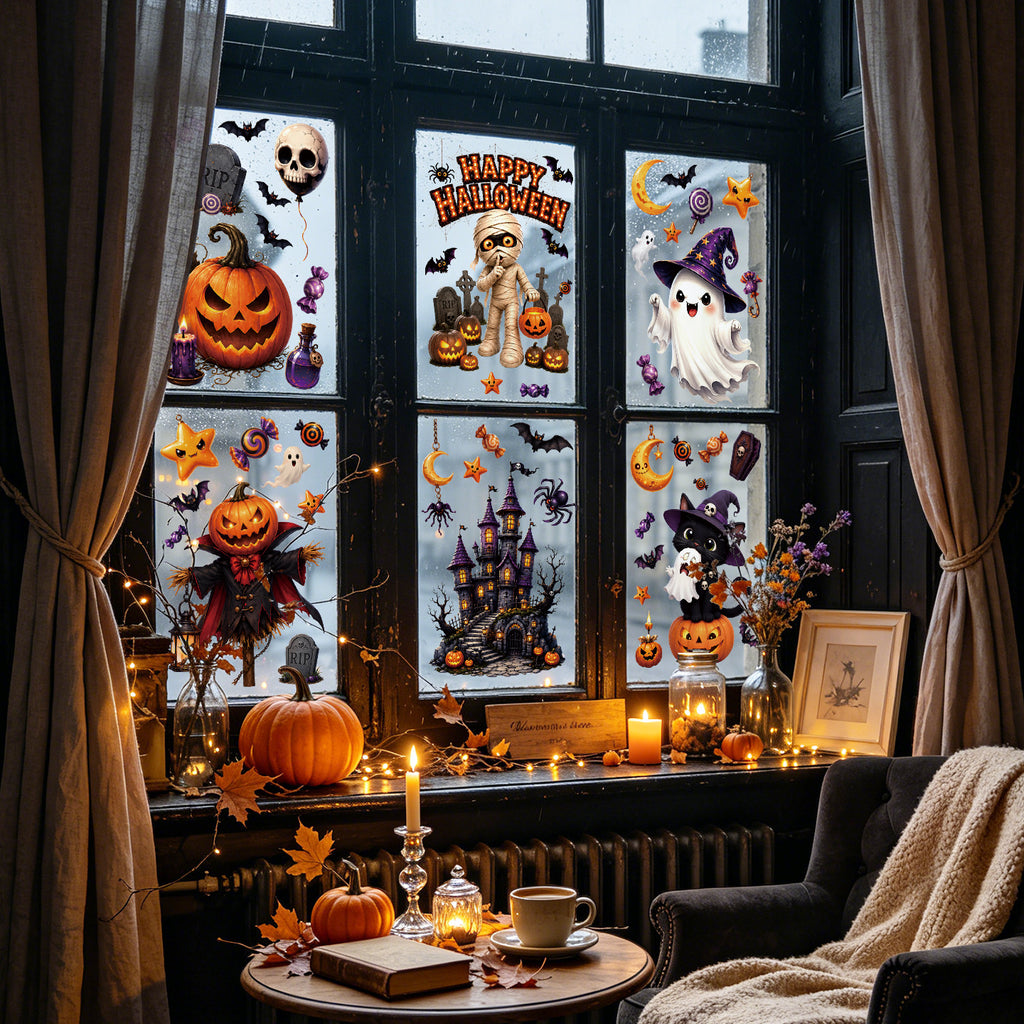 Halloween Static Window Stickers, Pumpkin Ghost Mummy Vampire Cartoon Glass Decals For Storefront Decor
