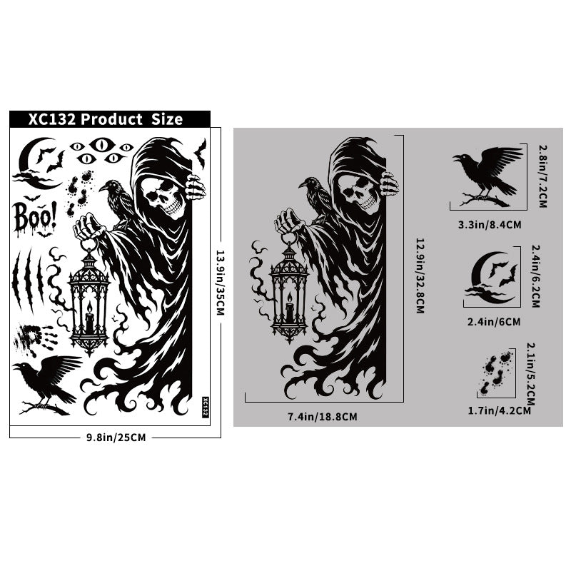Halloween Grim Reaper Bat Static Cling Stickers, Black Horror Glass Decals For Storefront Scene Decor