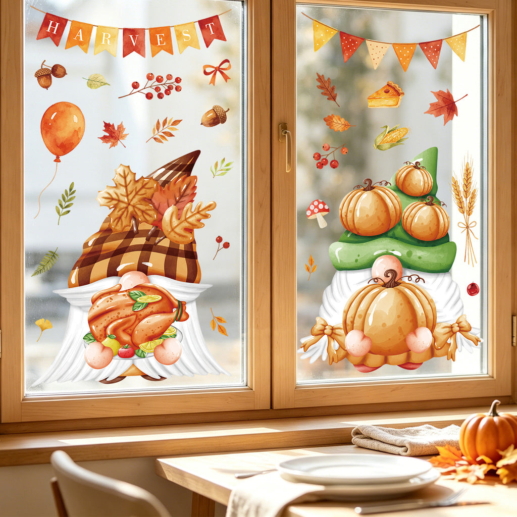 Fall Thanksgiving Static Window Stickers, Gnome Turkey Pumpkin Maple Leaf No Glue Glass Decals For Storefronts