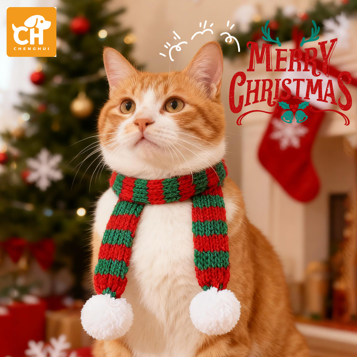 Knitted Cat Scarf with Pom Pom, Christmas Pet Neck Scarf for Small Cats and Dogs