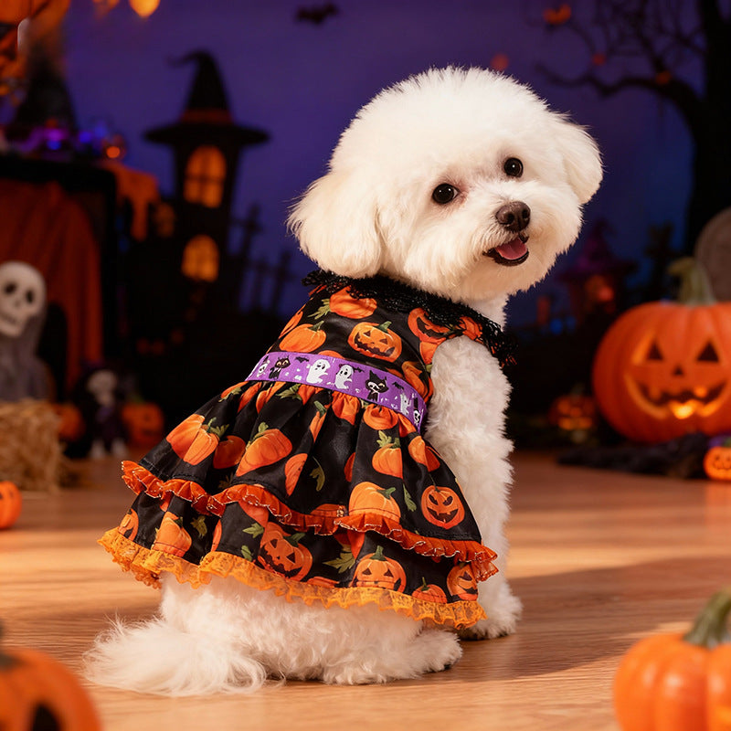 Halloween Pumpkin Lace Dress for Small and Medium Dogs, Pet Costume