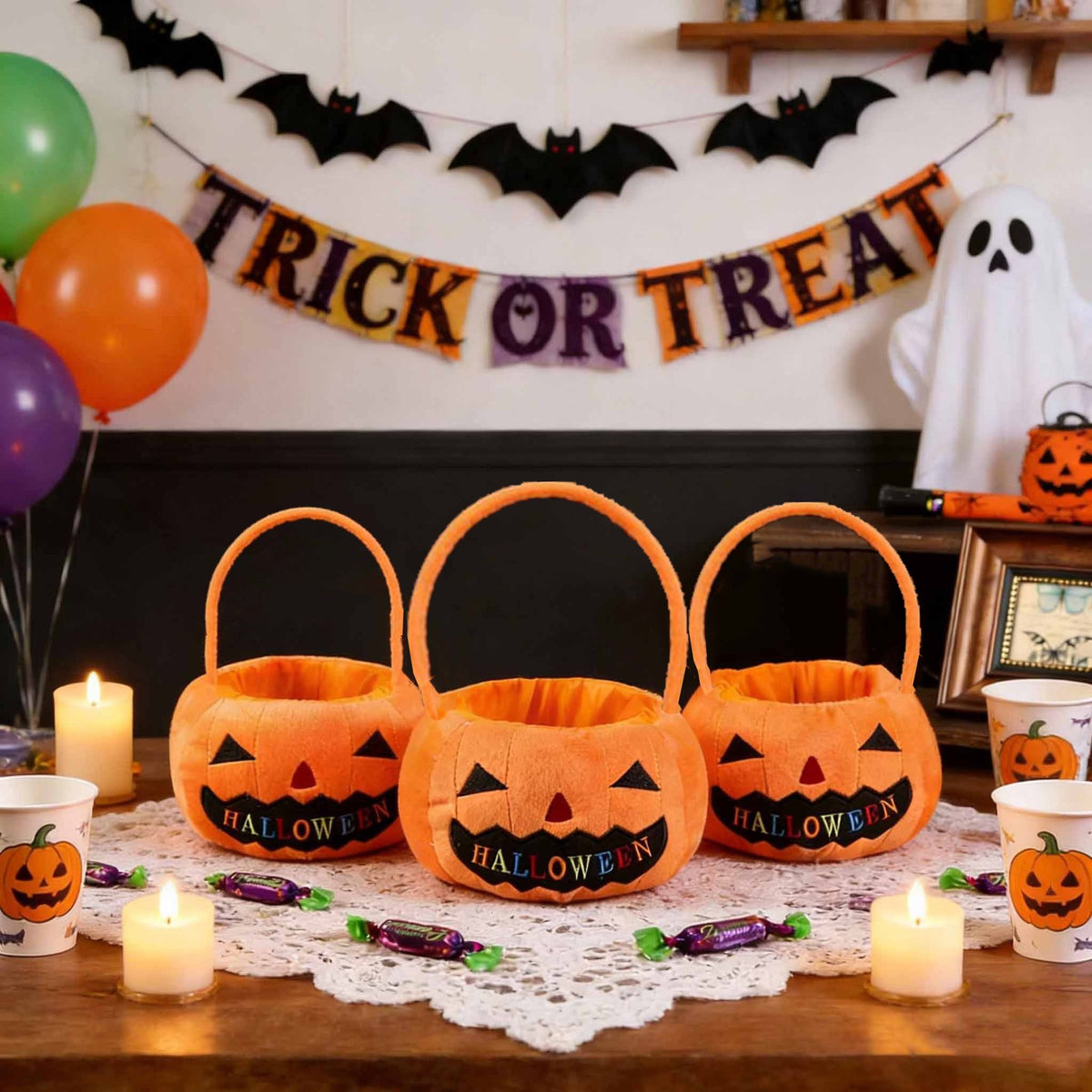 Halloween Pumpkin Treat Bags, Ghost Pattern Candy Bag for Trick or Treat