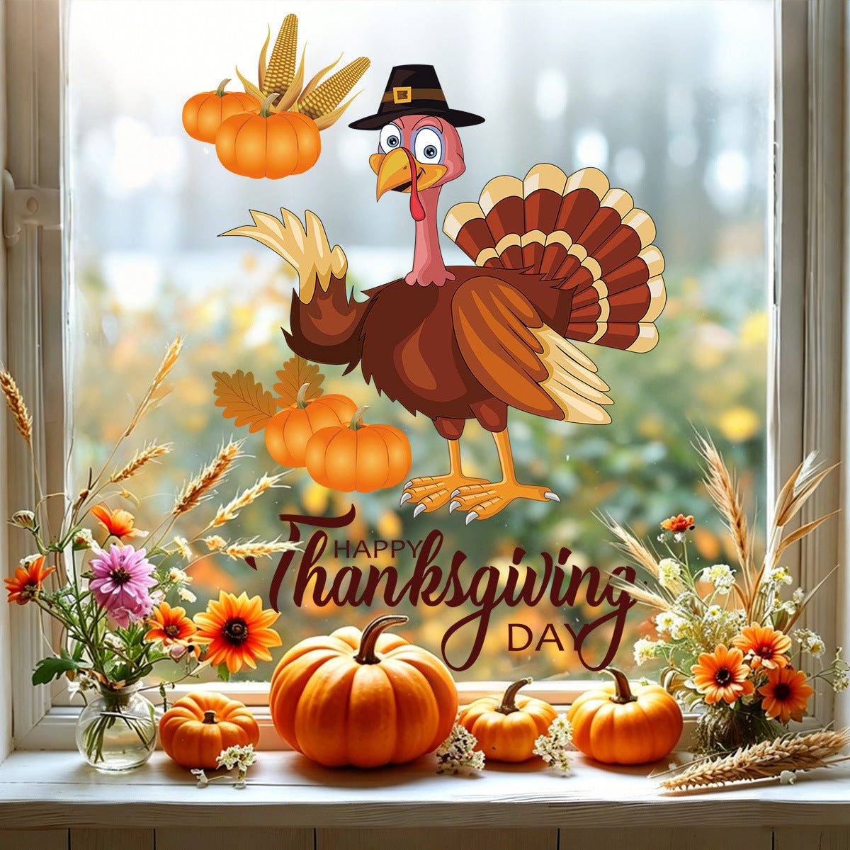 Thanksgiving Turkey Window Cling Harvest Scene Fall Family Party Glass Static Sticker